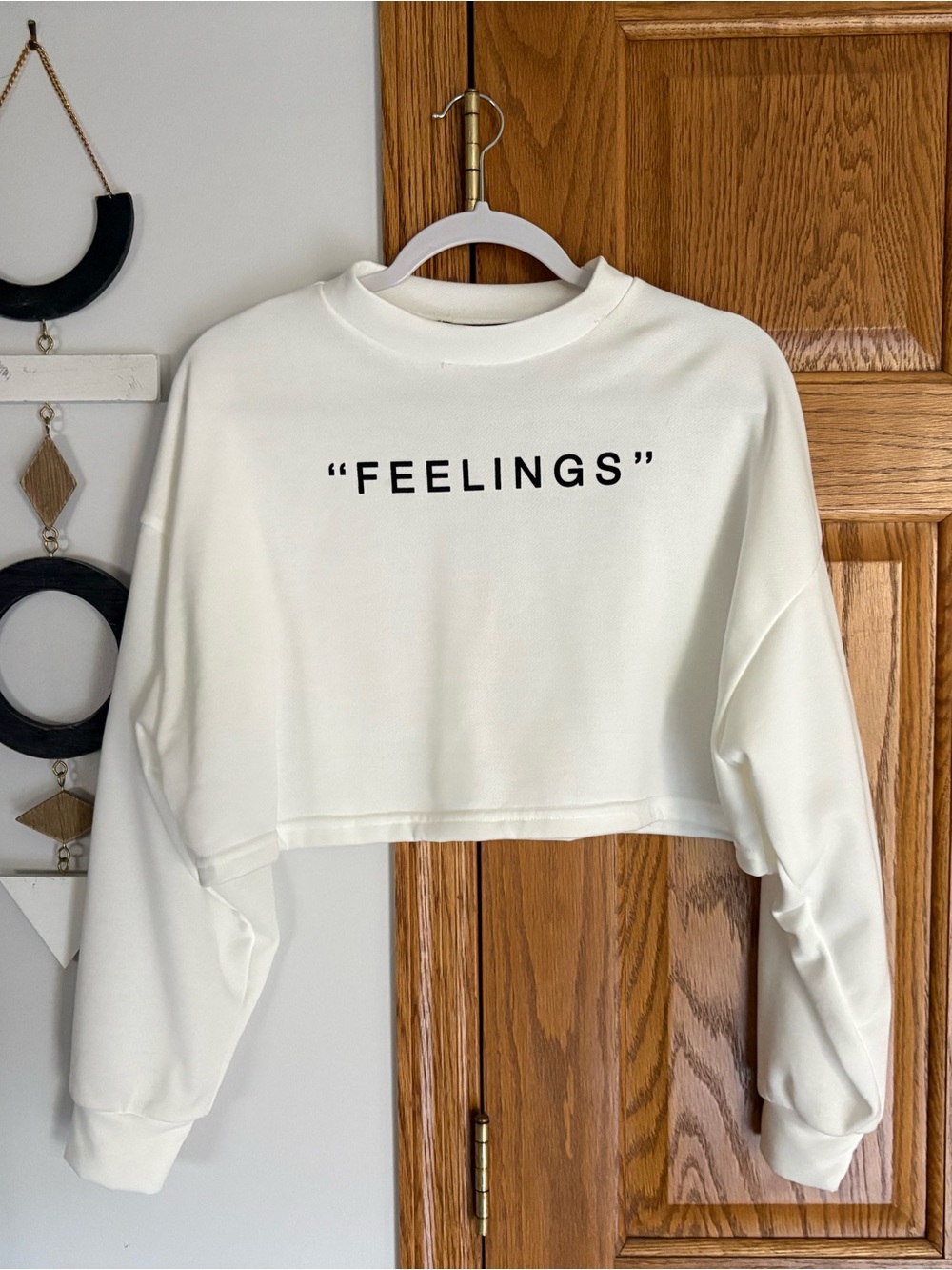 SHEIN White Cropped "FEELINGS" Crewneck Sweatshirt